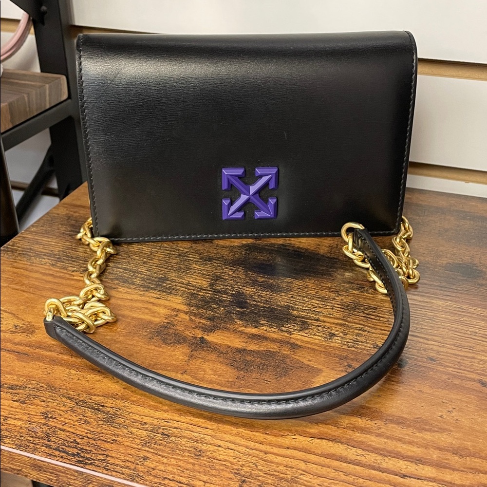 Off-White Black Crossbody Bag with Purple Logo and Gold Chain